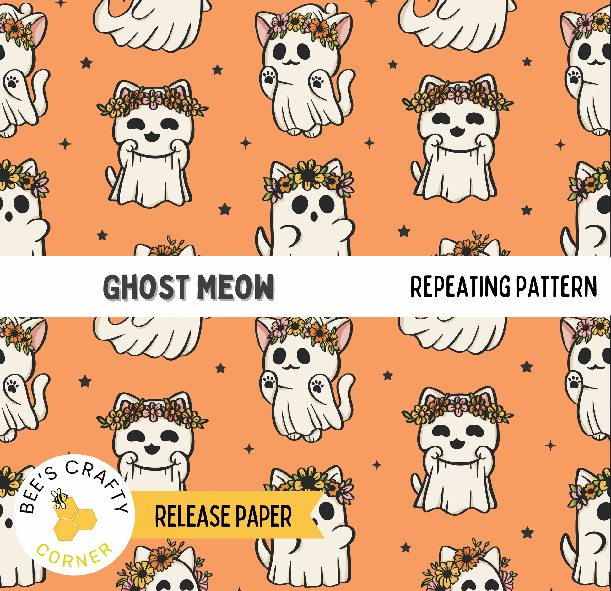 The image is a repeating pattern of cartoon cats wearing flower crowns against an orange background.