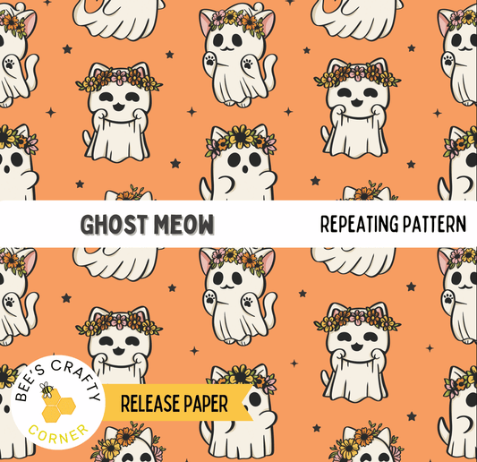 The image is a repeating pattern of cartoon cats wearing flower crowns against an orange background.