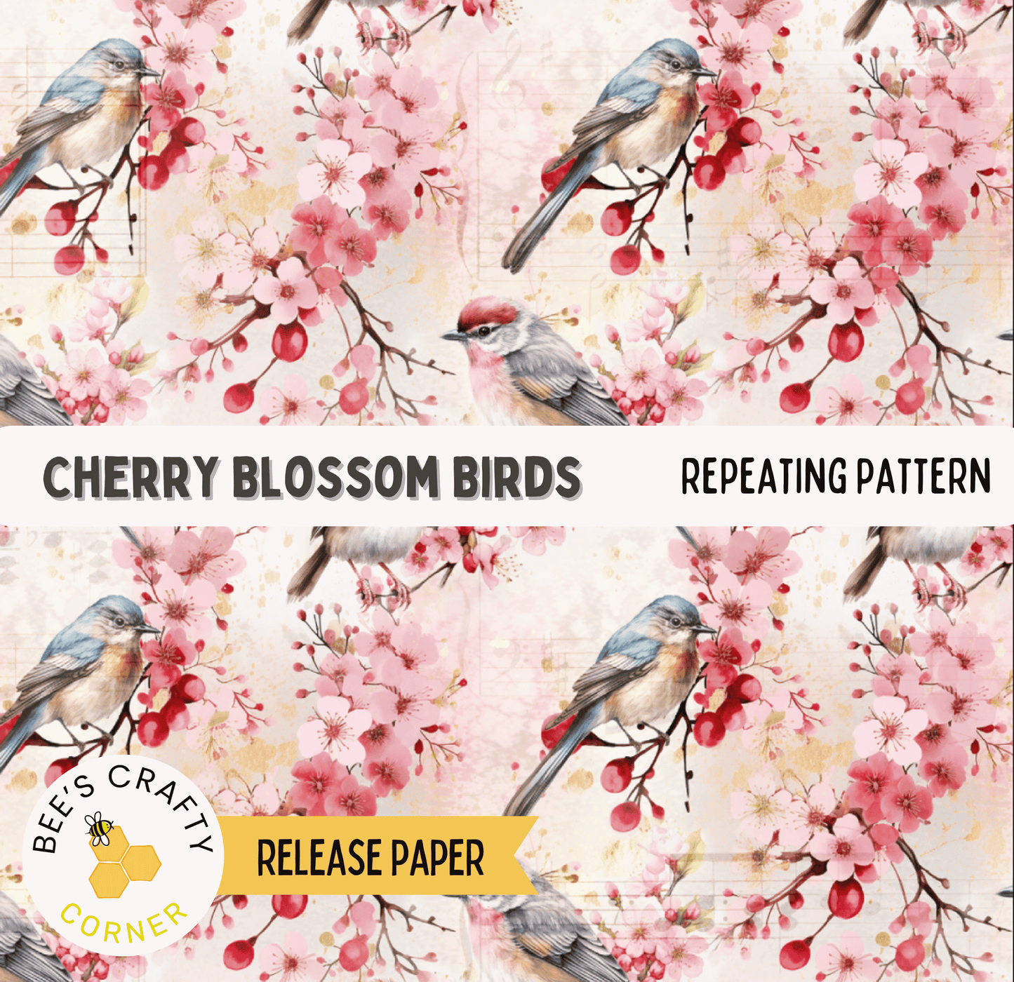The image is a repeating pattern of cherry blossoms and birds, with the birds perched on the branches and the blossoms surrounding them.
