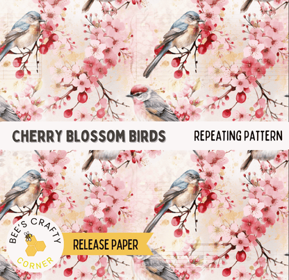 The image is a repeating pattern of cherry blossoms and birds, with the birds perched on the branches and the blossoms surrounding them.