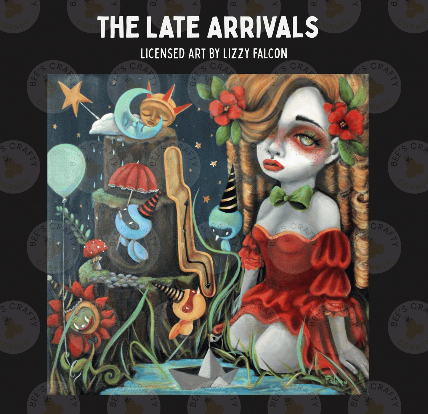 The image is a surreal and fantastical painting featuring a woman with a red dress and floral headpiece, surrounded by various surreal elements such as a crescent moon, a bird, and a castle.
