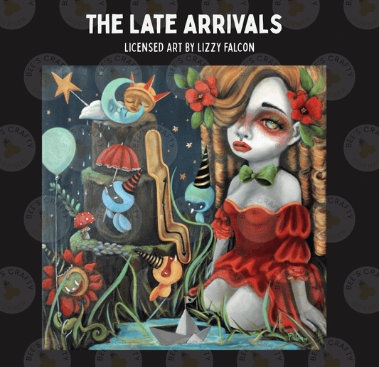 The image is a surreal and fantastical painting featuring a woman with a red dress and floral headpiece, surrounded by various surreal elements such as a crescent moon, a bird, and a castle.