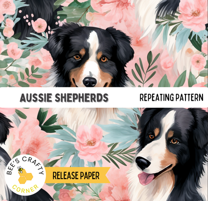The image is a collage of two images featuring a black and white Australian Shepherd dog with a floral background. The text "AUSSIE SHEPHERDS" is displayed above the images, and "REPEATING PATTERN" is below them. The release paper is indicated as "RELEASE PAPER" at the bottom of the image.