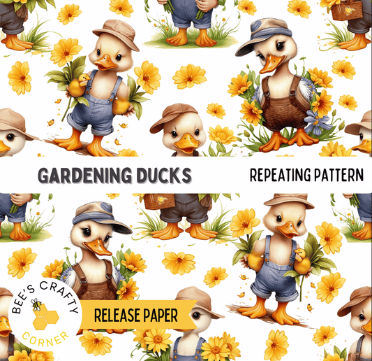The image is a repeating pattern of cartoon ducks wearing overalls and hats, holding flowers and standing in a garden setting.