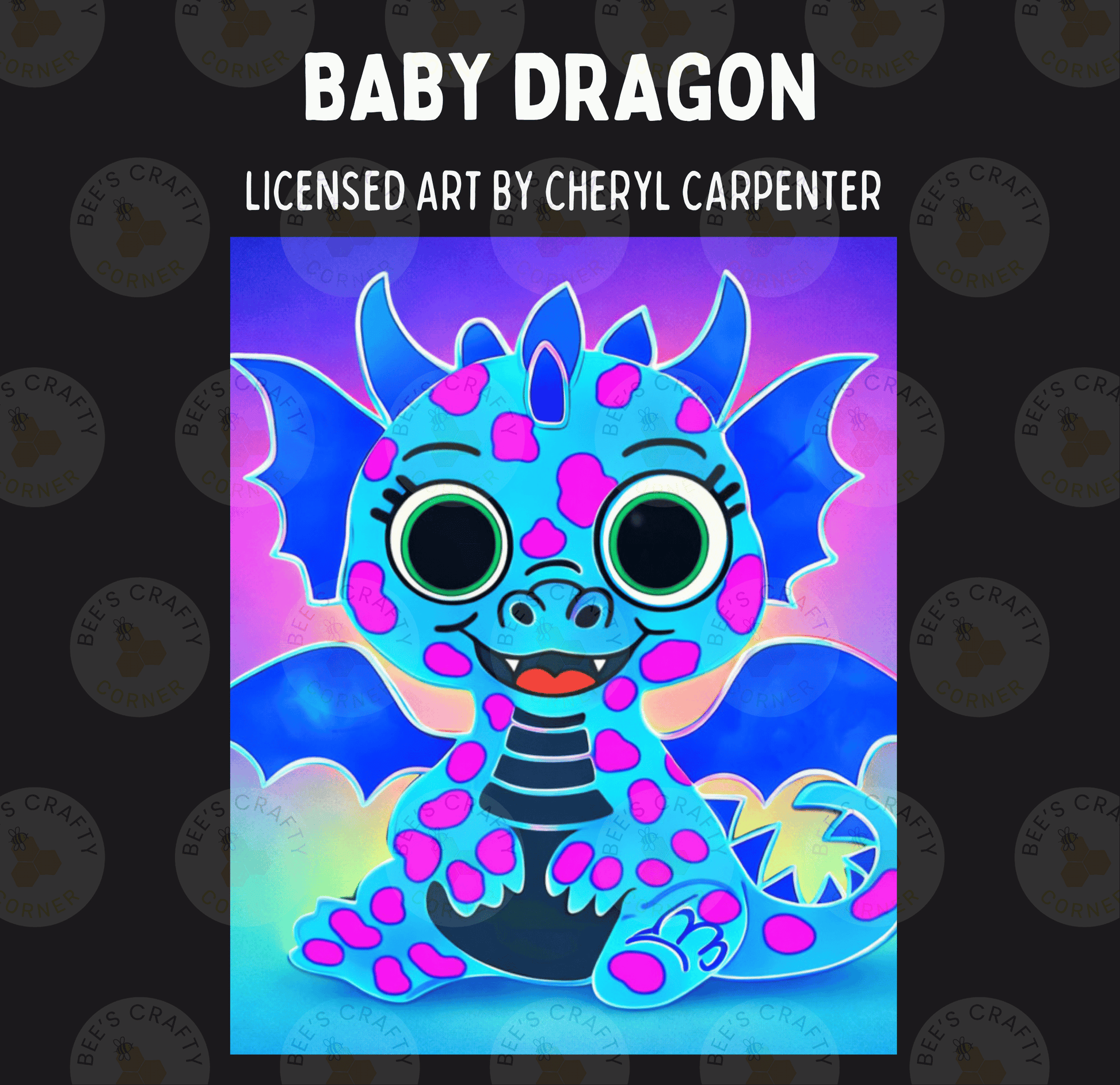 The image is a colorful illustration of a baby dragon with large eyes and a friendly expression, set against a vibrant background.