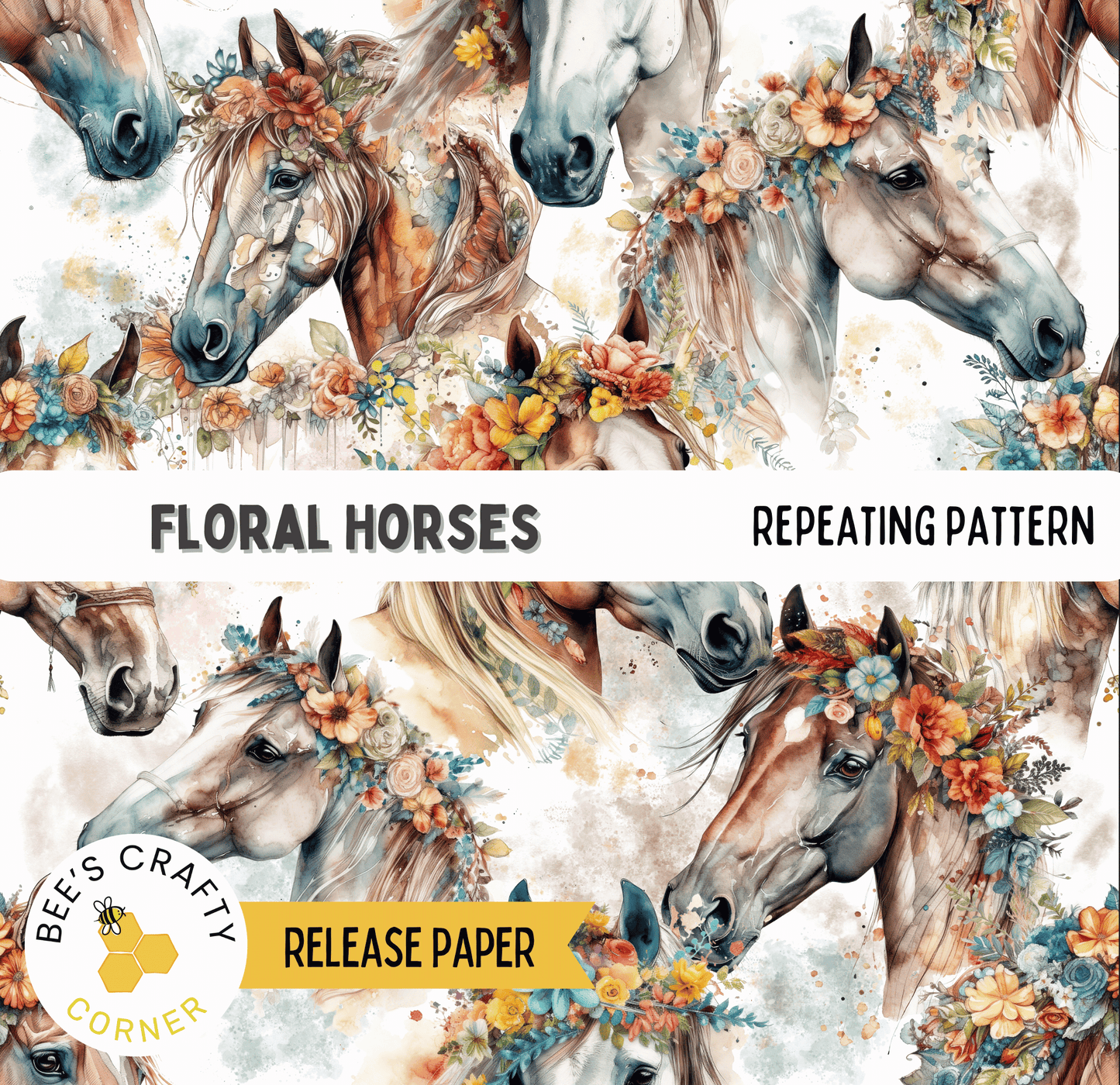 The image is a repeating pattern of floral horses, featuring various shades of brown and white horses adorned with colorful floral arrangements.