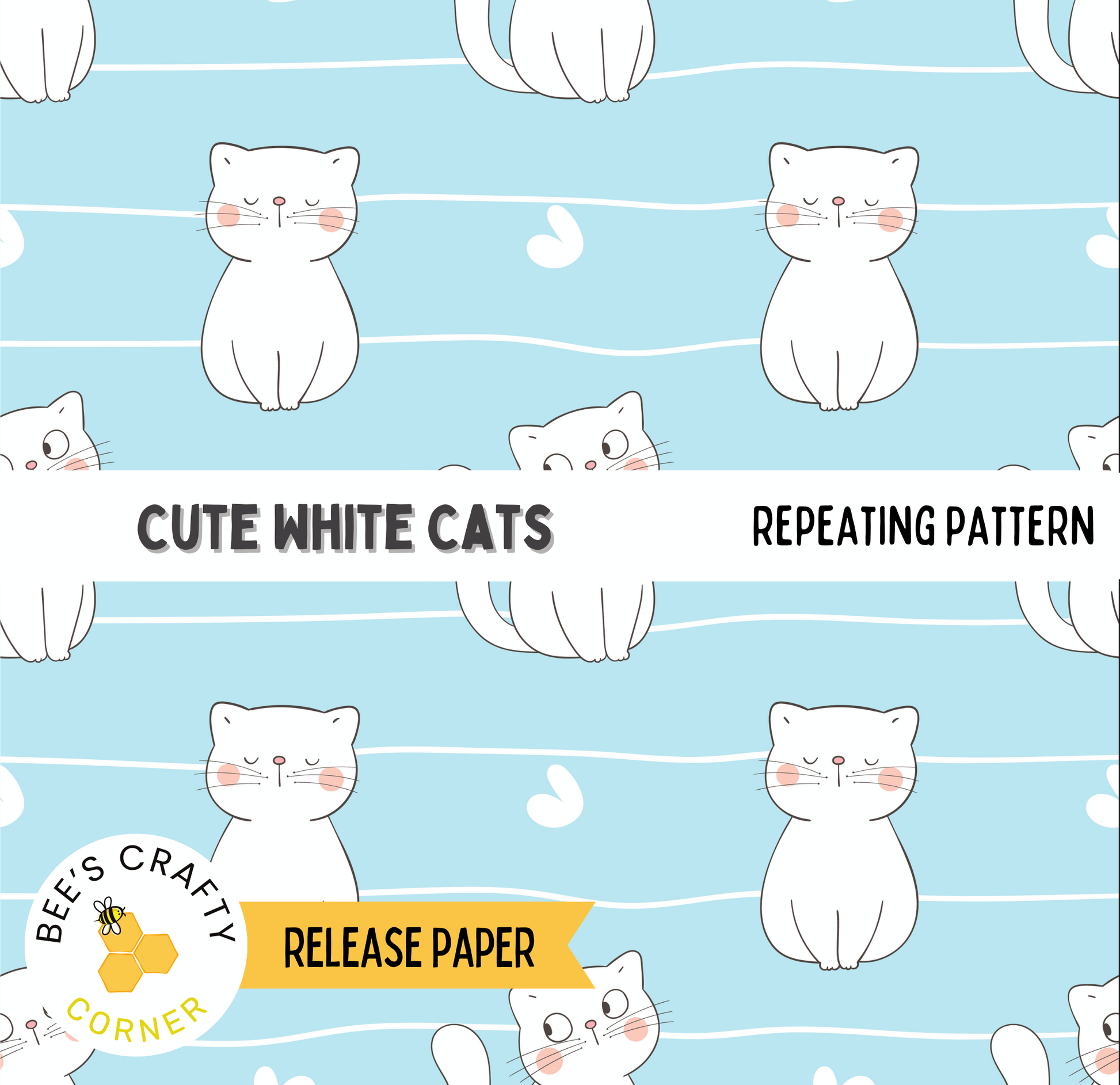 a repeating pattern of cute white cats on a blue background.