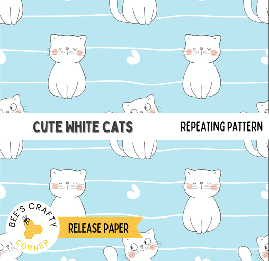 a repeating pattern of cute white cats on a blue background.