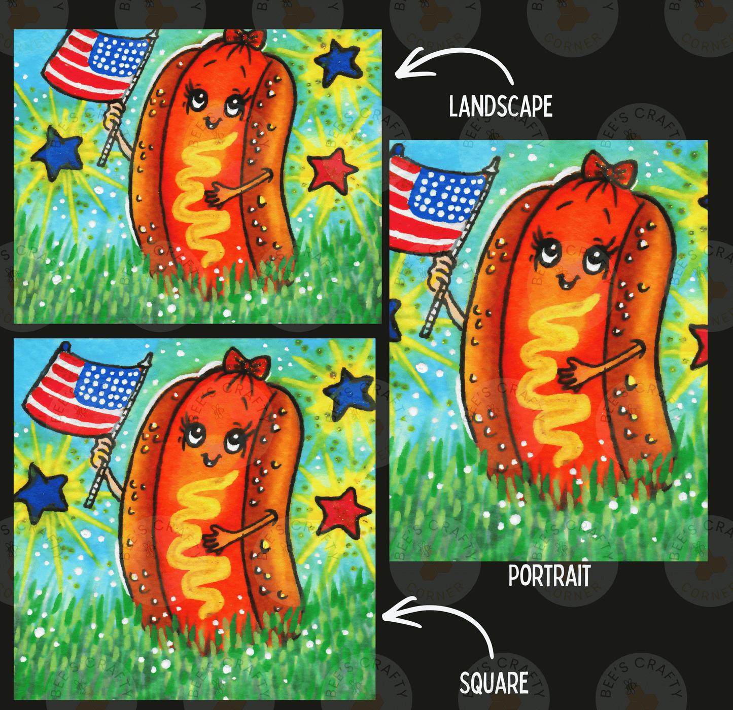 The image is a collage of three images depicting cartoon hot dogs holding American flags and surrounded by stars and grass.