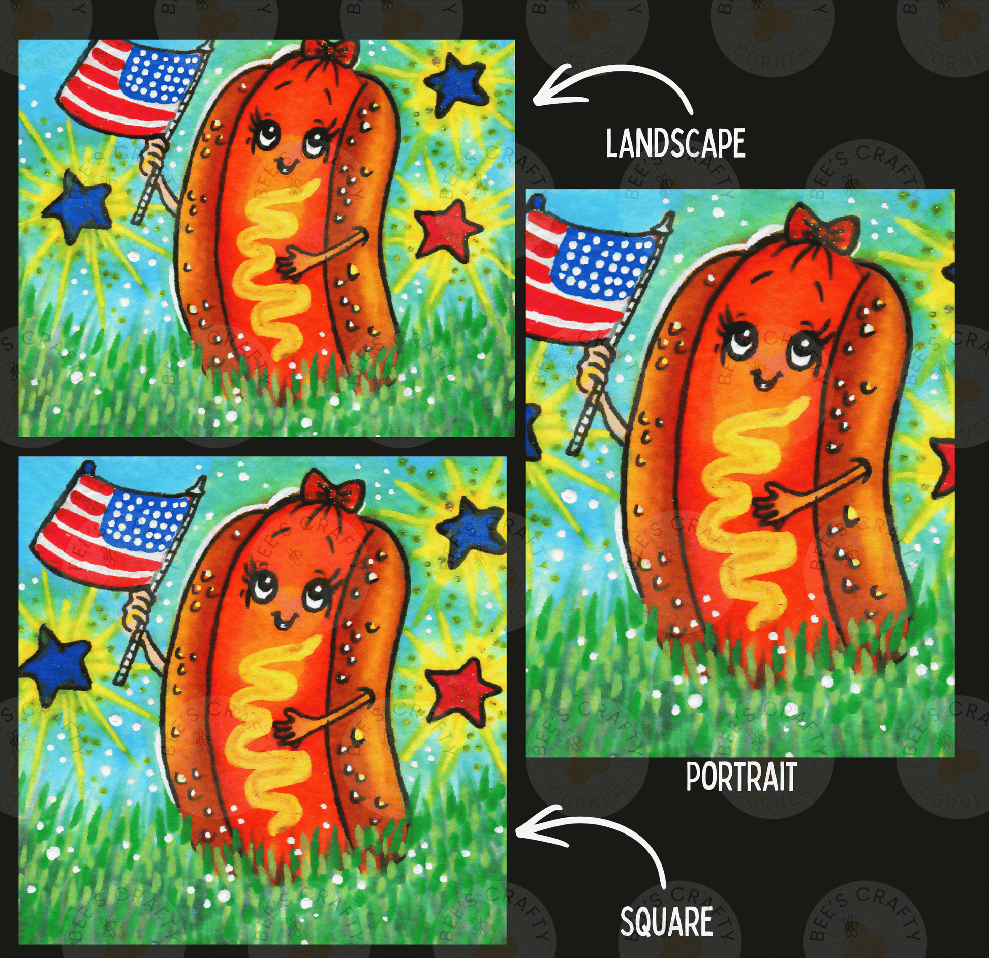 The image is a collage of three images depicting cartoon hot dogs holding American flags and surrounded by stars and grass.