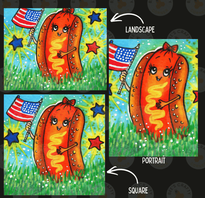 The image is a collage of three images depicting cartoon hot dogs holding American flags and surrounded by stars and grass.