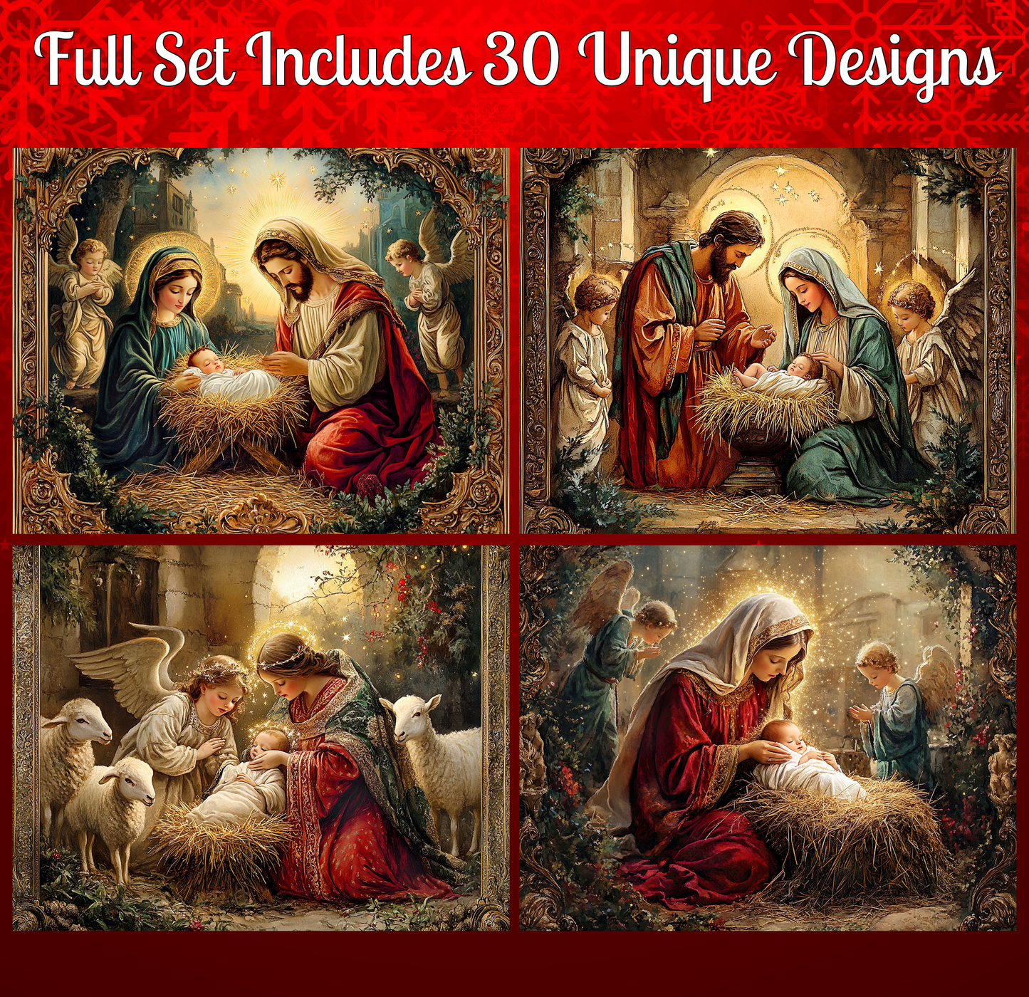 The image is a collage of four distinct scenes from the nativity story, featuring the birth of Jesus Christ.