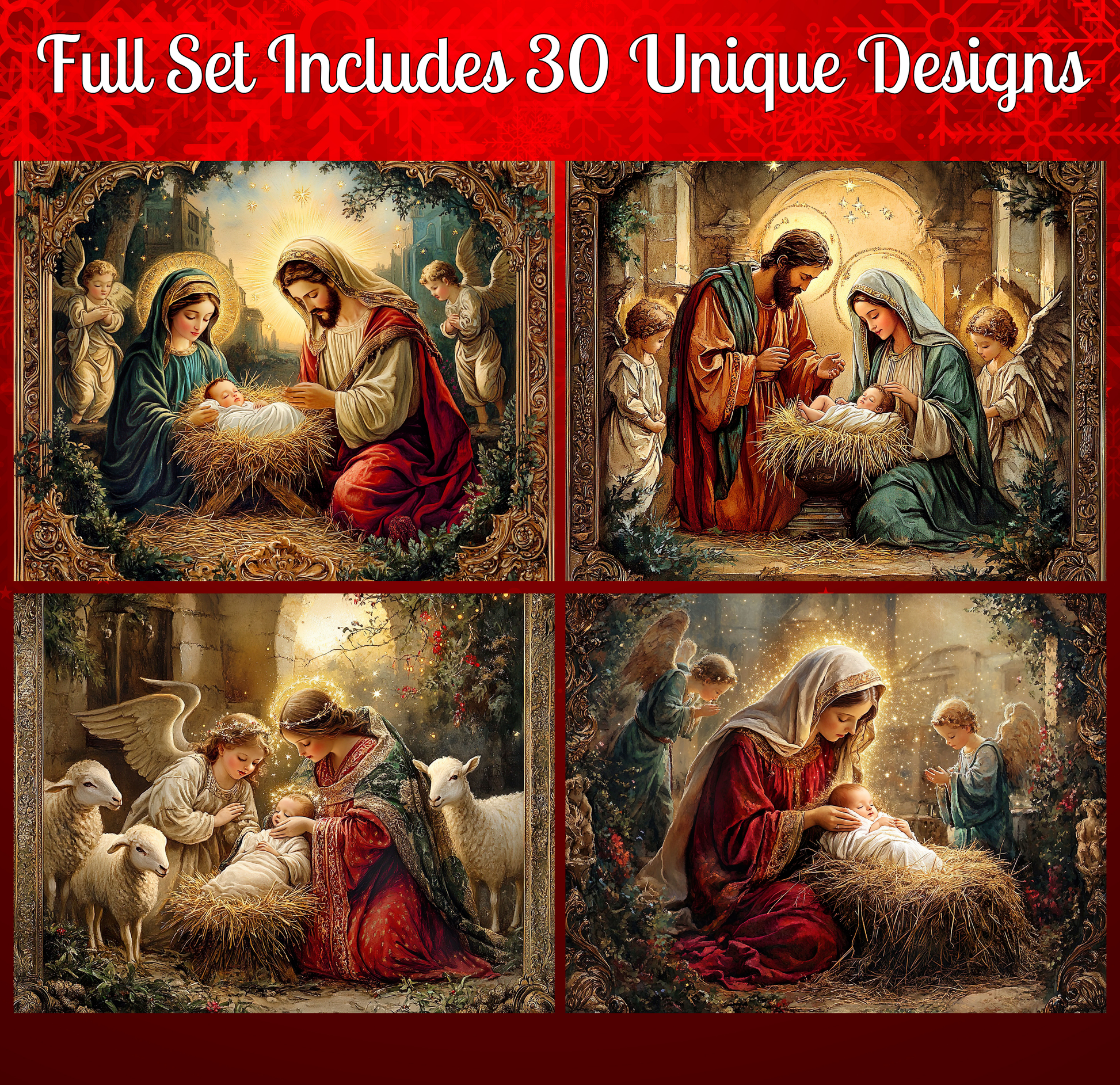 The image is a collage of four distinct scenes from the nativity story, featuring the birth of Jesus Christ.