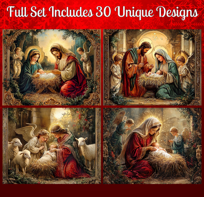 The image is a collage of four distinct scenes from the nativity story, featuring the birth of Jesus Christ.