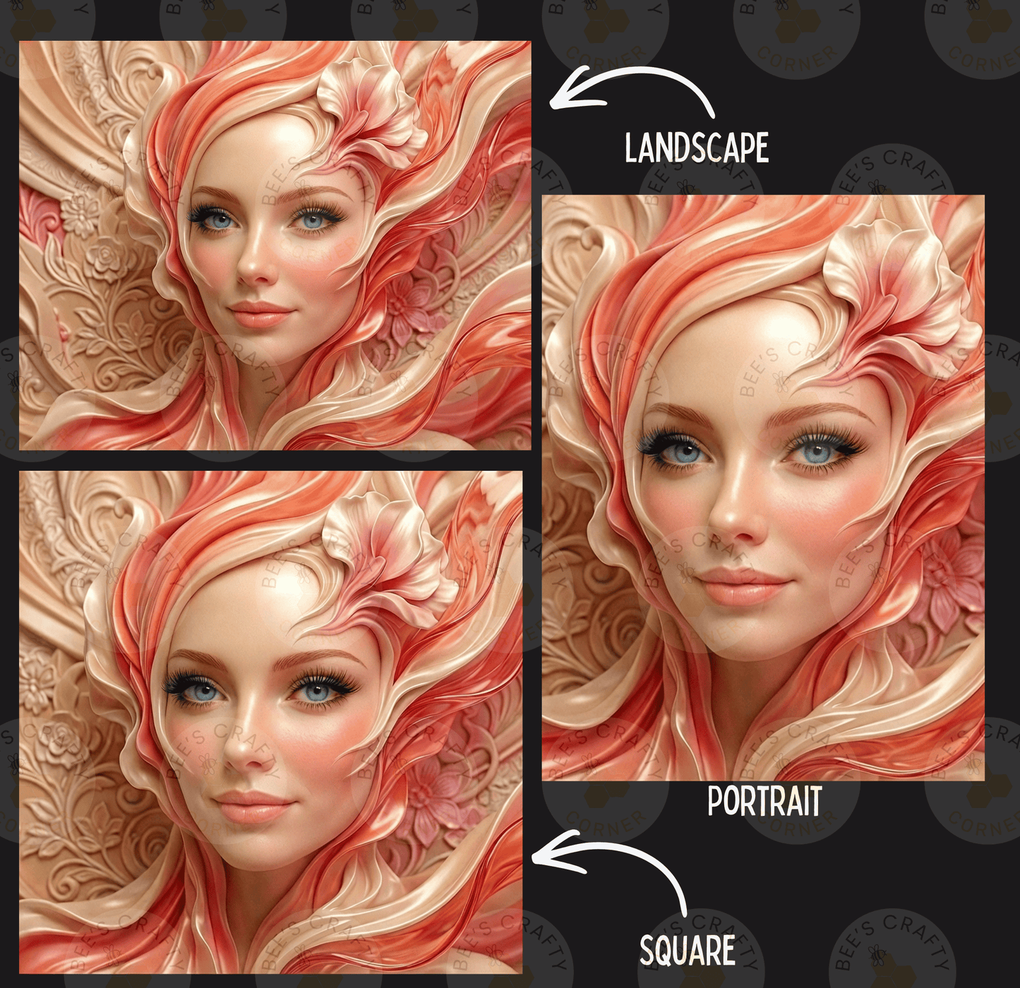 The image is a collage of three images depicting a woman's face with intricate floral designs surrounding her. The first image shows the woman's face with a landscape background, the second image features the woman's face with a portrait background, and the third image shows the woman's face with a square background.