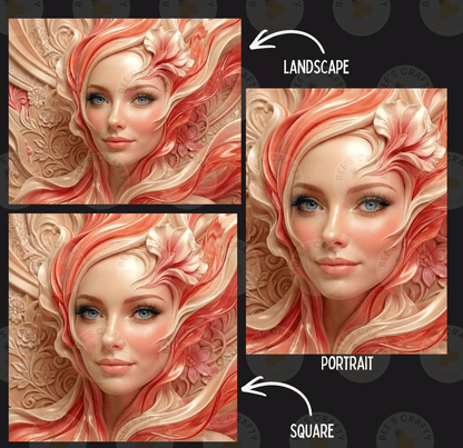The image is a collage of three images depicting a woman's face with intricate floral designs surrounding her. The first image shows the woman's face with a landscape background, the second image features the woman's face with a portrait background, and the third image shows the woman's face with a square background.