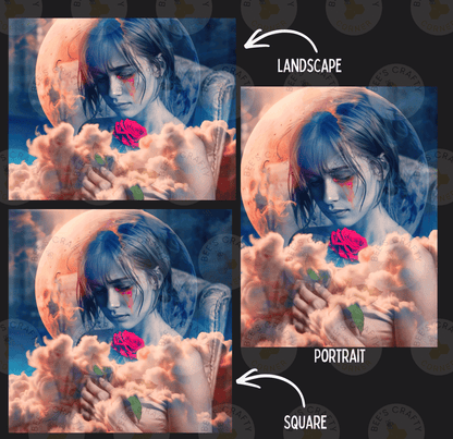 The image is a collage of three images depicting a woman holding a rose. The first image shows the woman holding the rose, the second image shows the woman holding the rose in her hand, and the third image shows the woman holding the rose in her hand. The image is labeled as a landscape, portrait, and square, and the text "LANDSCAPE" and "PORTRAIT" are present.