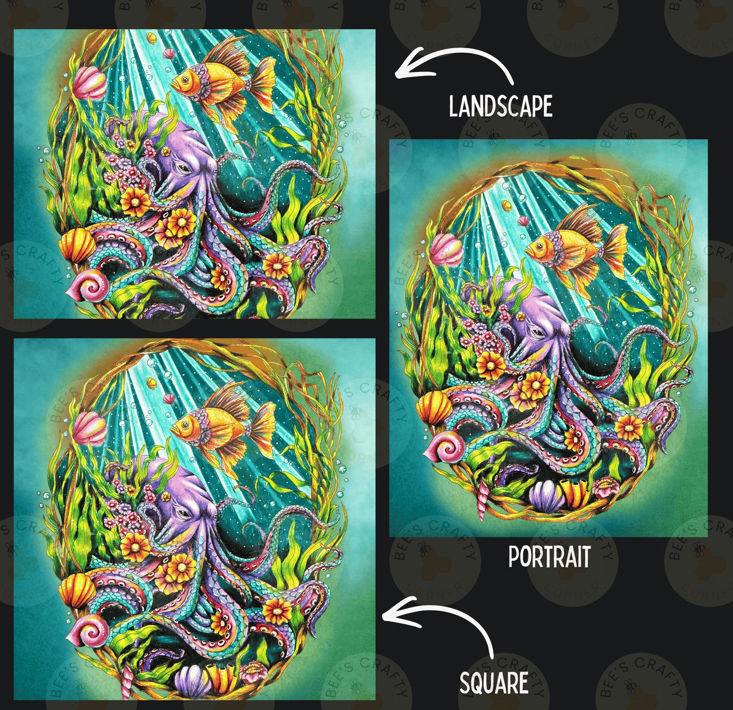 The image is a collage of three pictures depicting an underwater scene with an octopus, fish, and other marine life. The collage includes a landscape, a portrait, and a square image.