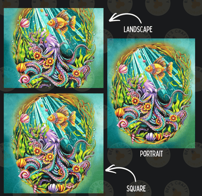 The image is a collage of three pictures depicting an underwater scene with an octopus, fish, and other marine life. The collage includes a landscape, a portrait, and a square image.