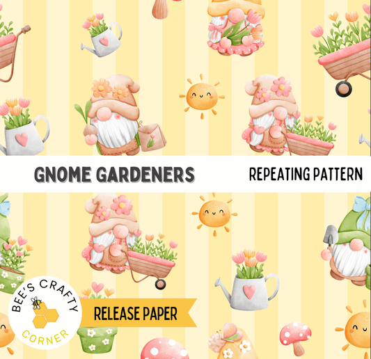 The image is a repeating pattern featuring various gnome gardeners and flowers, including gnomes holding watering cans, flowers in vases, and mushrooms.