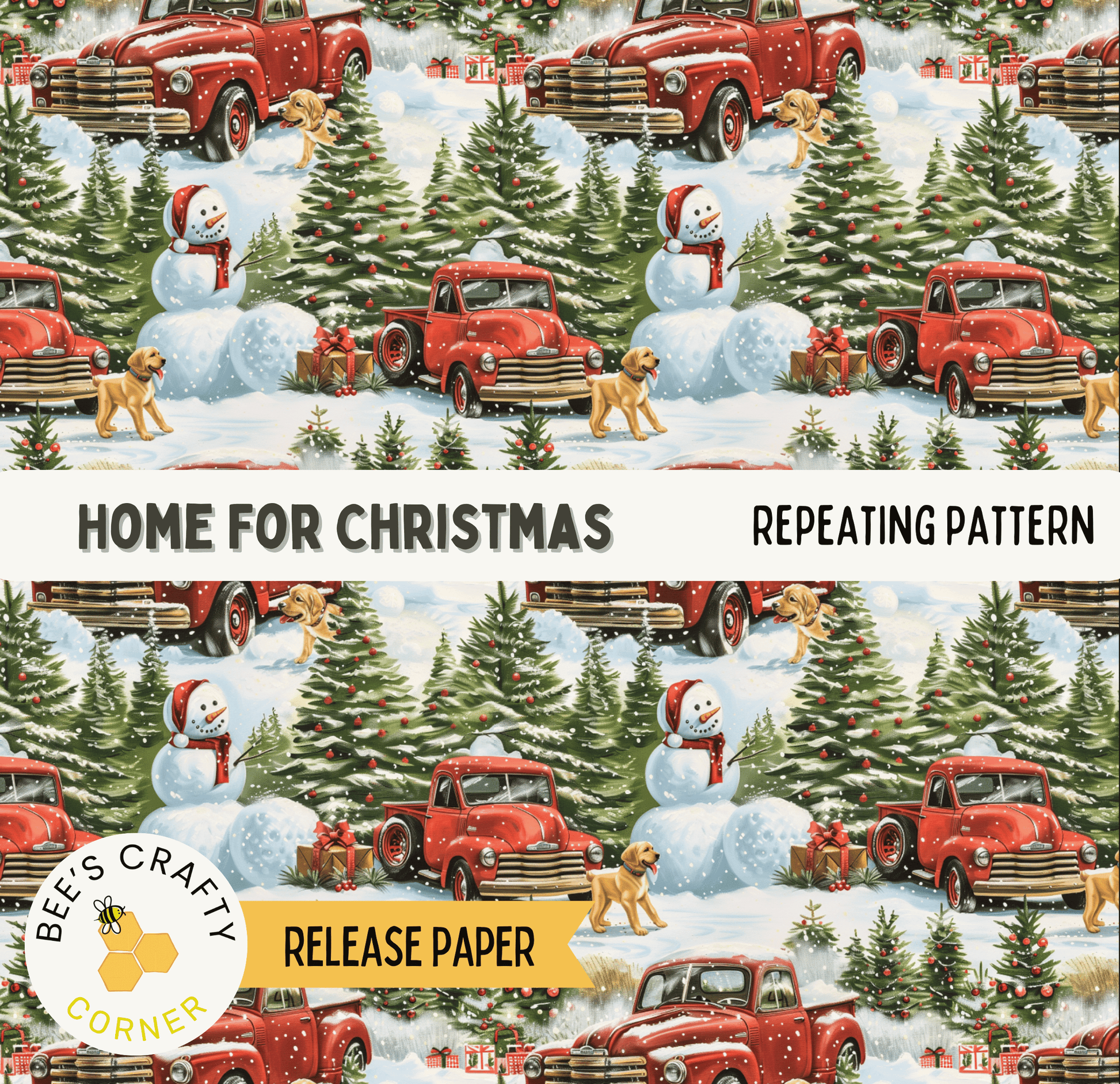 The image is a repeating pattern of red vintage trucks and snowmen, with pine trees and presents, creating a festive Christmas scene.