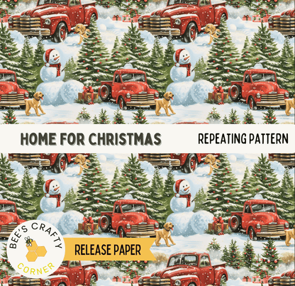 The image is a repeating pattern of red vintage trucks and snowmen, with pine trees and presents, creating a festive Christmas scene.