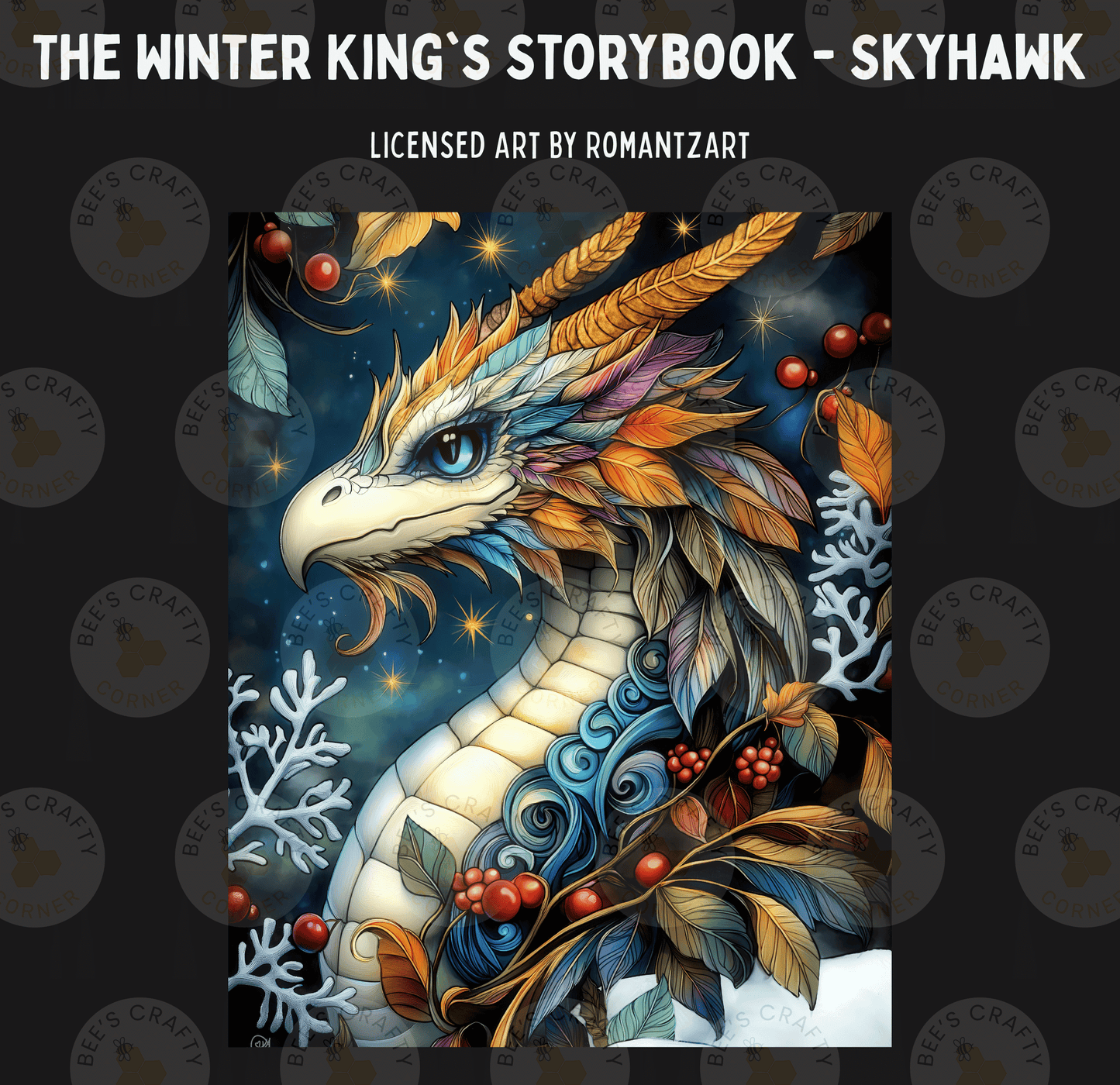 The image is a vibrant and detailed illustration of a colorful dragon-like creature, with intricate patterns and designs covering its body and wings. The creature is surrounded by a snowy landscape, with berries and other natural elements adding to the overall aesthetic. The image is a captivating and imaginative representation of a fantastical creature, with its striking colors and intricate patterns creating a visually stunning and engaging scene.