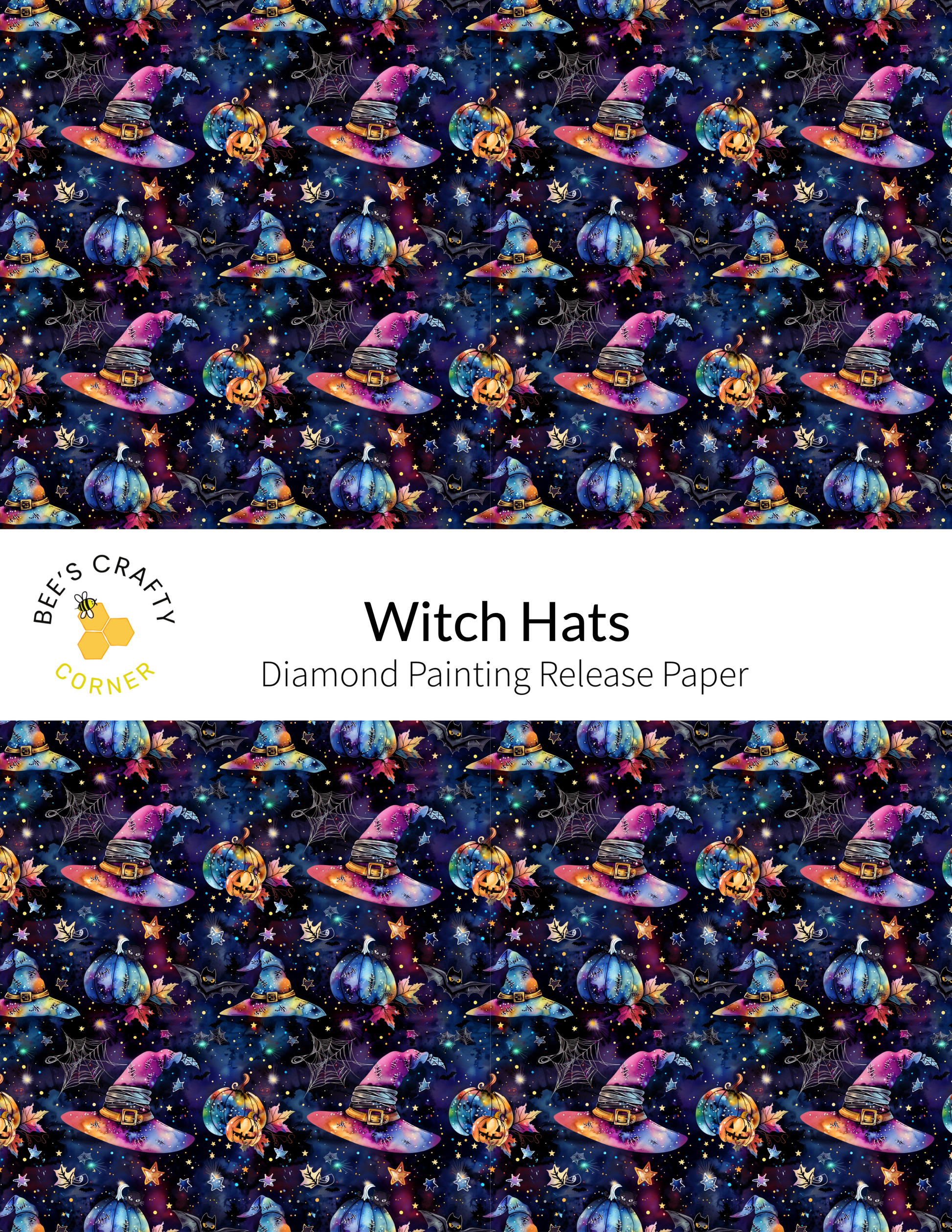The image is a repeating pattern of various witch hats and pumpkins against a dark background, creating a whimsical and festive design.