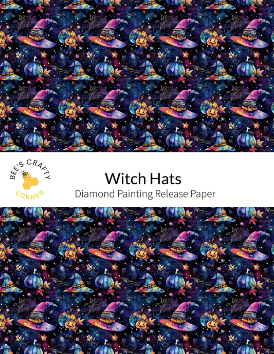 The image is a repeating pattern of various witch hats and pumpkins against a dark background, creating a whimsical and festive design.