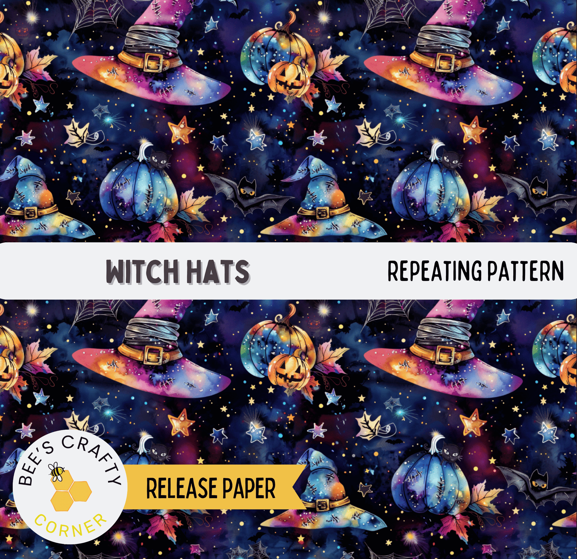 The image is a repeating pattern of witch hats, pumpkins, bats, and stars against a dark blue background with a starry night sky.