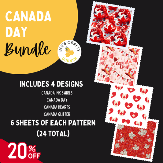 The image is an advertisement for a Canada Day bundle, which includes four designs, such as Canada ink swirls, Canada day, Canada hearts, and Canada glitter, as well as six sheets of each pattern. The bundle is available for $24, and there is a 20% discount.