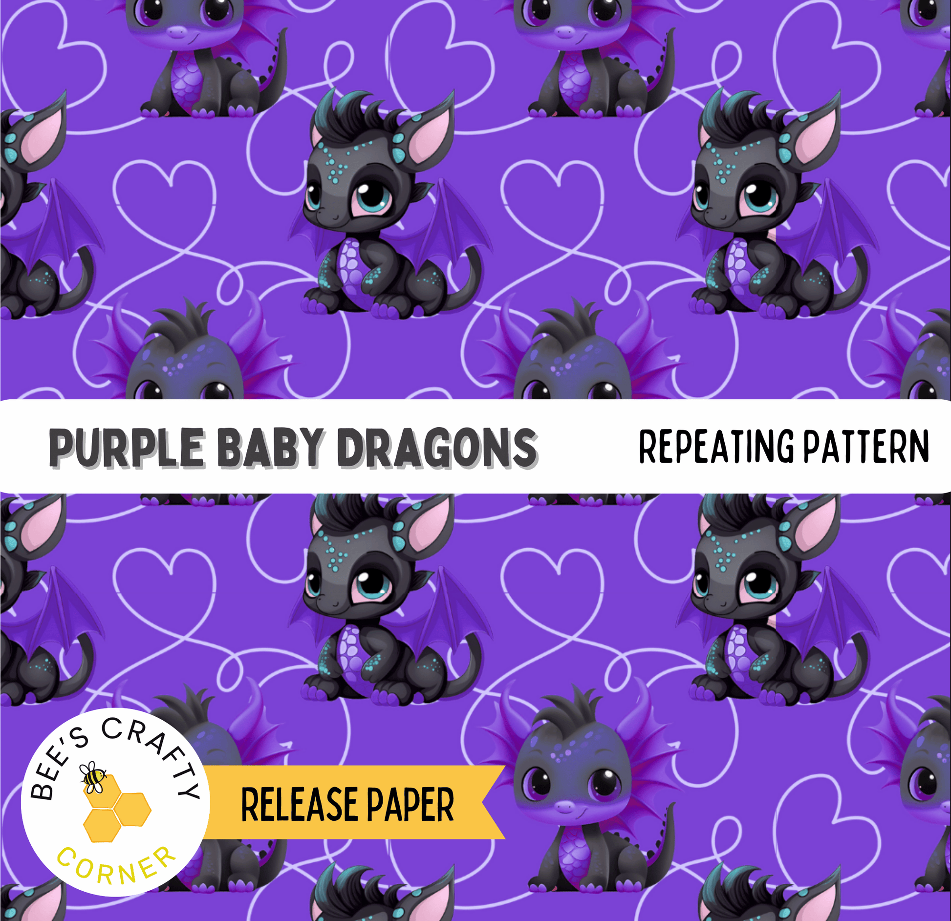 The image is a repeating pattern of purple baby dragons against a purple background.
