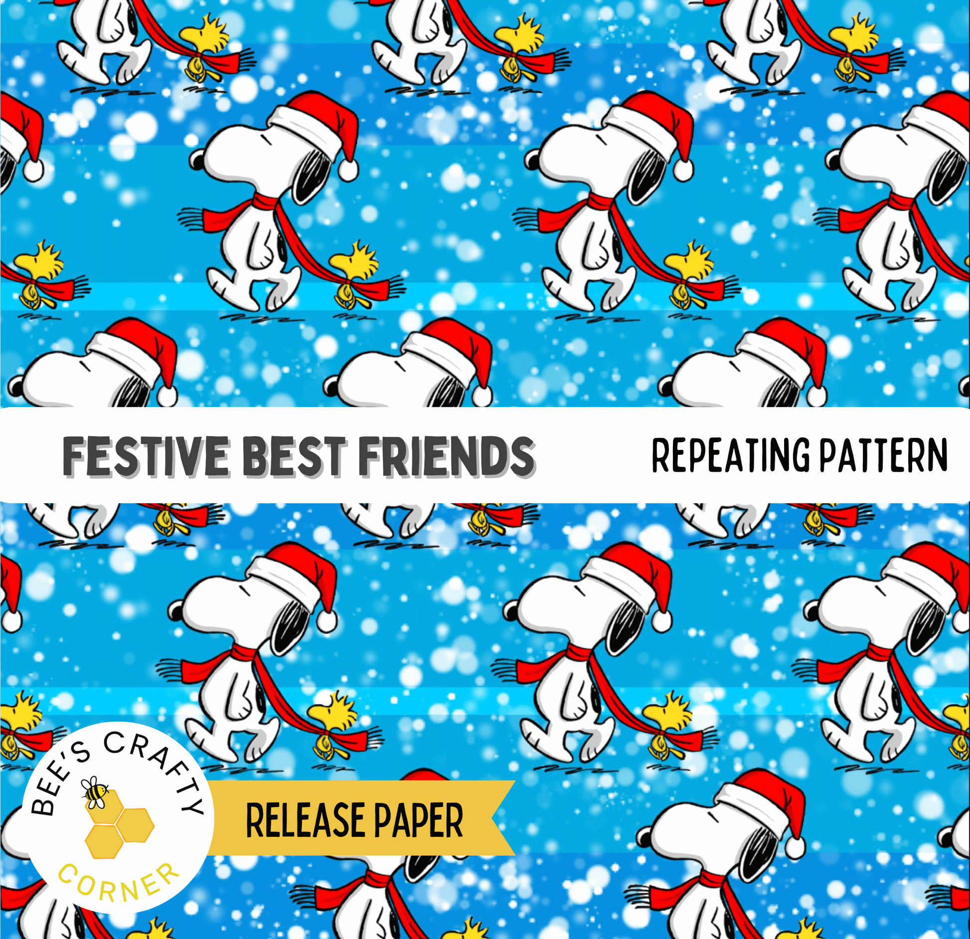 The image is a repeating pattern of cartoon characters, including Snoopy and Woodstock, wearing Santa hats and scarves against a blue background with white snowflakes.