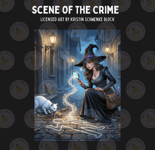 The image is a detailed illustration of a witch dressed in a long black cloak and hat, holding a magnifying glass and examining a crime scene. A white cat is present in the scene, and there is a body lying on the ground. The witch appears to be using her powers to investigate the crime.