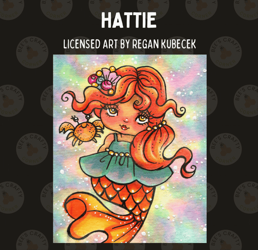 The image is a colorful illustration of a mermaid character with vibrant orange hair and a green dress, holding a crab in her hand.