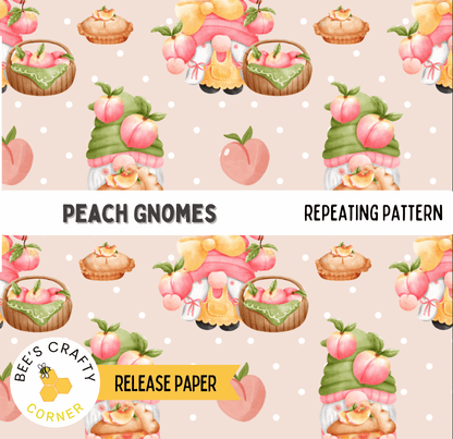 The image is a repeating pattern of peach gnomes and pies, featuring various sizes and positions of the gnomes and pies.