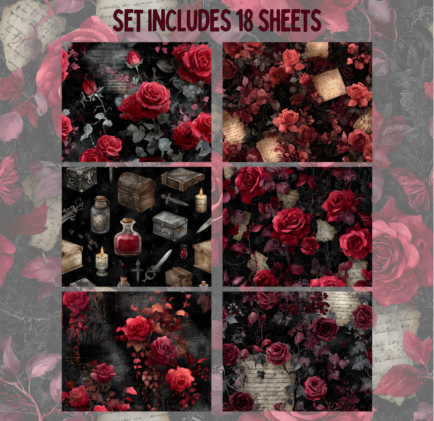 a collage of six different images, each featuring a variety of red roses and other floral elements. The images are arranged in a grid format, with each row containing three images. The overall color scheme of the images is predominantly red, with some black and white elements. The images appear to be part of a larger collection or set, as indicated by the text "SET INCLUDES 18 SHEETS" at the top of the image.
