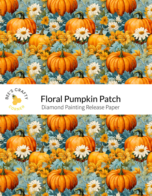 The image is a repeating pattern of orange pumpkins and white daisies against a blue background.