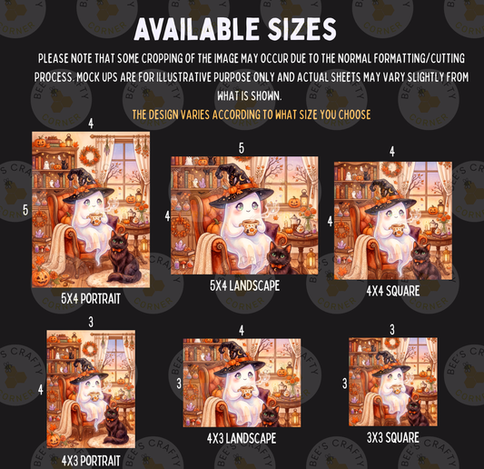 a collection of Halloween-themed illustrations, including a ghost, a witch, and various other spooky and festive elements. The illustrations are available in different sizes, ranging from 5x4 to 5x6, and are designed to fit into a collage or be used individually. The images showcase the design and style of the Halloween-themed artwork, with a focus on the whimsical and eerie elements.