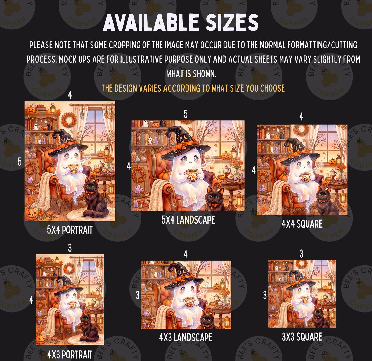 a collection of Halloween-themed illustrations, including a ghost, a witch, and various other spooky and festive elements. The illustrations are available in different sizes, ranging from 5x4 to 5x6, and are designed to fit into a collage or be used individually. The images showcase the design and style of the Halloween-themed artwork, with a focus on the whimsical and eerie elements.