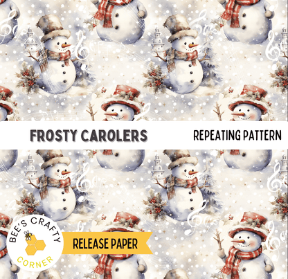 The image is a repeating pattern of snowmen and snowflakes, with the text "FROSTY CAROLERS" and "REPEATING PATTERN" visible.