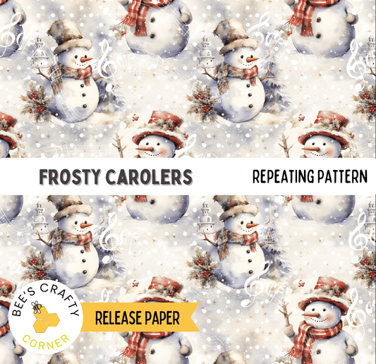 The image is a repeating pattern of snowmen and snowflakes, with the text "FROSTY CAROLERS" and "REPEATING PATTERN" visible.