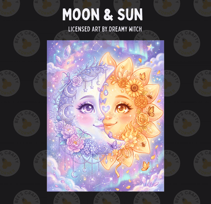 The image is a digital illustration featuring a moon and sun with intricate floral and celestial designs.
