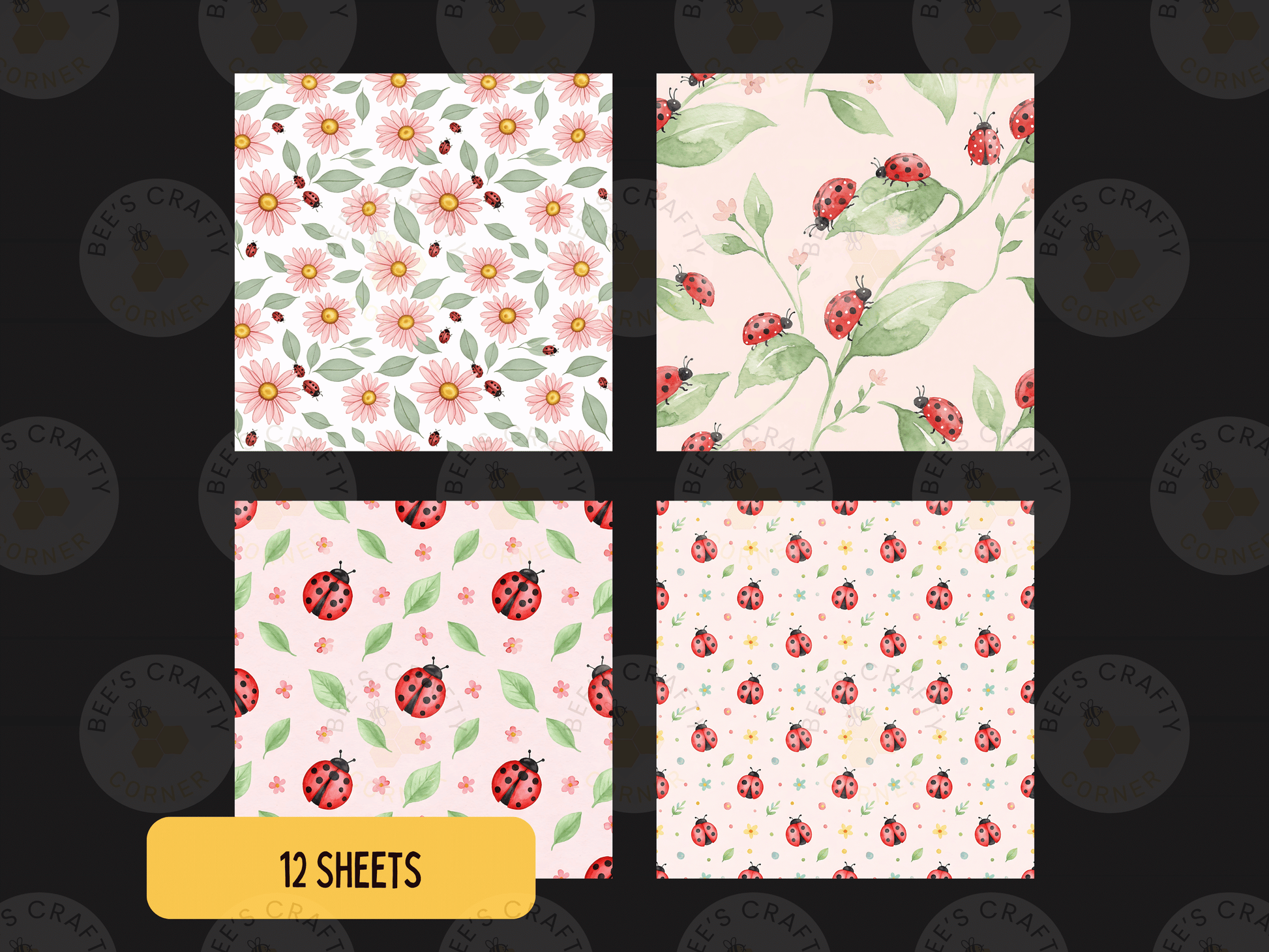 four square patterns with different floral and leaf designs, including daisies, flowers, and leaves with ladybugs.