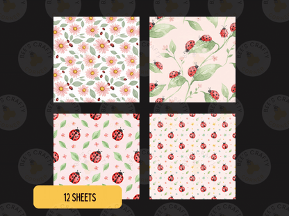 four square patterns with different floral and leaf designs, including daisies, flowers, and leaves with ladybugs.