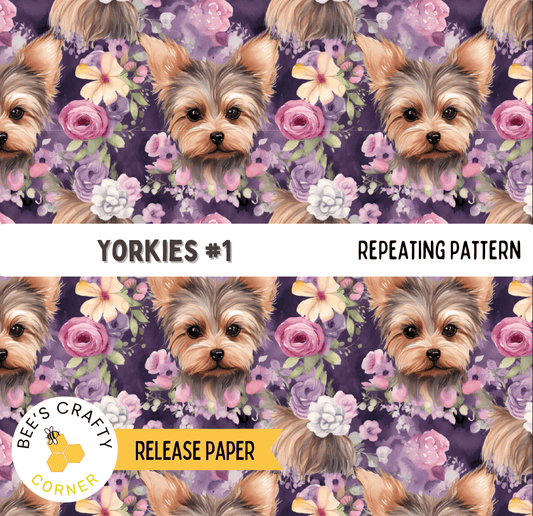 The image is a repeating pattern featuring a Yorkshire Terrier dog surrounded by colorful flowers and foliage.