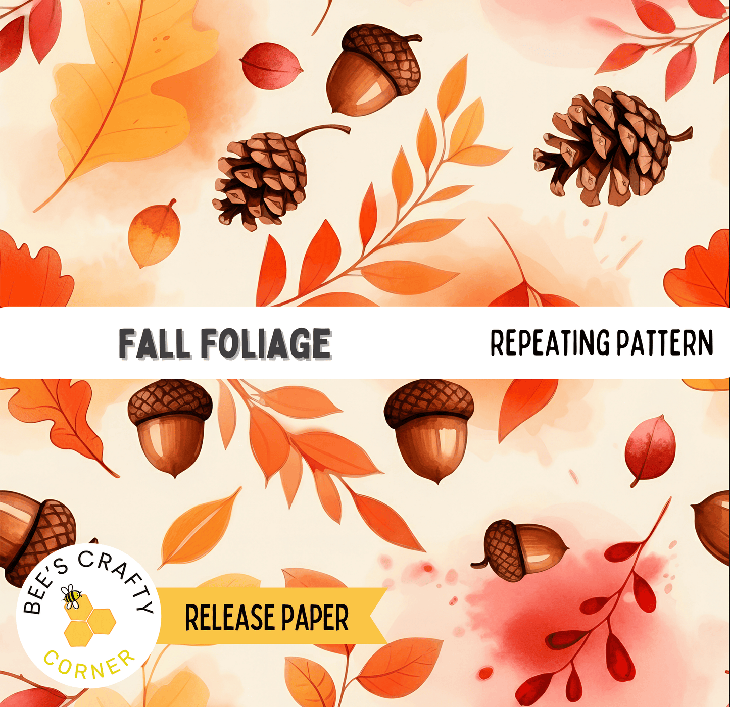 The image is a repeating pattern of autumn leaves and acorns, featuring various shades of orange, red, and brown.