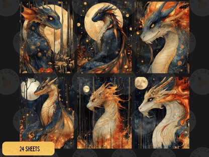 The image is a collage of six distinct illustrations of fantastical dragons, each with unique features and expressions. The dragons are depicted in various poses and settings, showcasing their majestic and powerful presence.