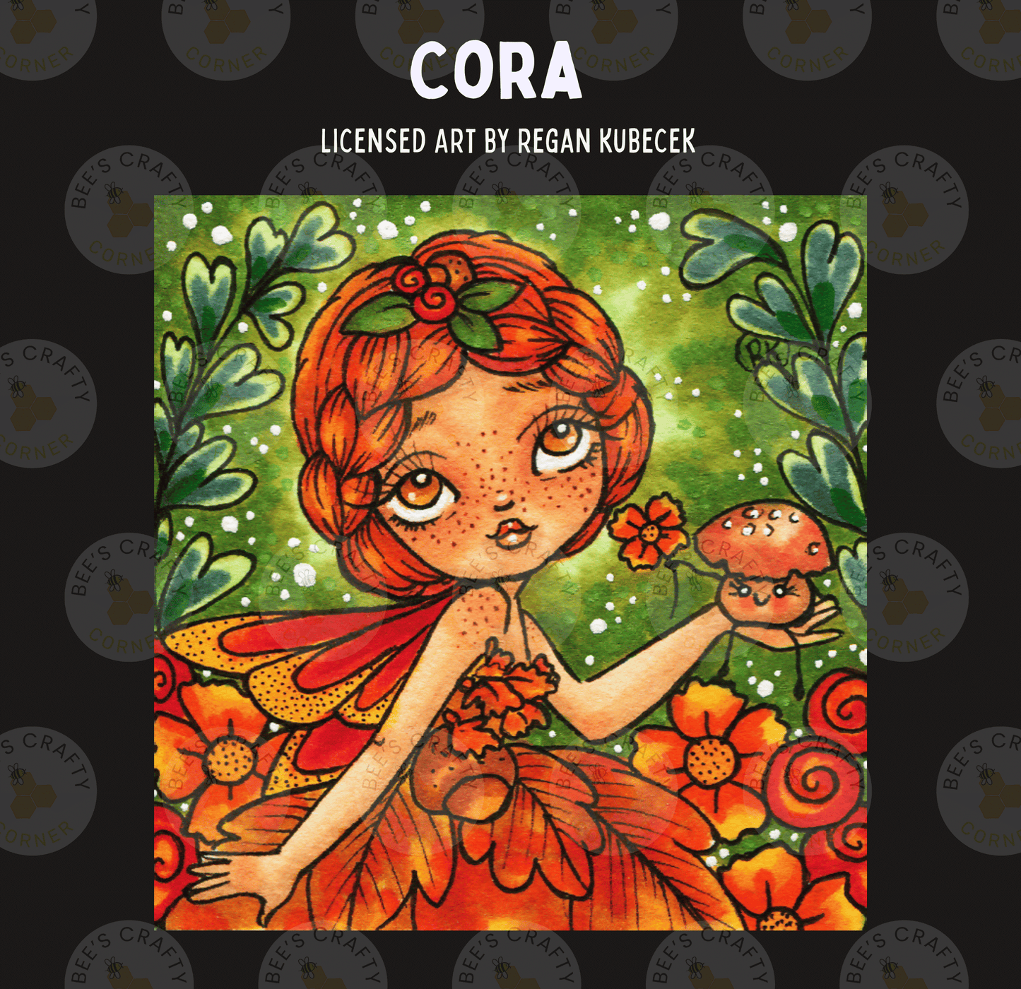 The image is a vibrant illustration of a fairy with red hair and a flower crown, surrounded by a lush, colorful garden scene with flowers, leaves, and mushrooms.