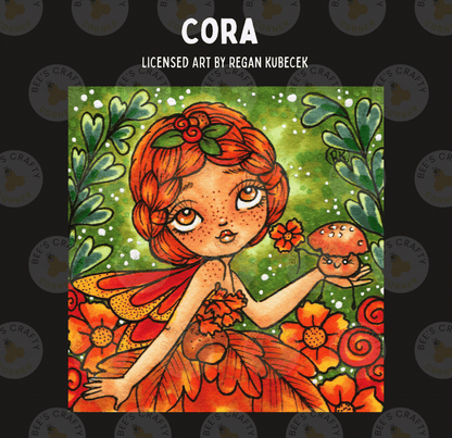 The image is a vibrant illustration of a fairy with red hair and a flower crown, surrounded by a lush, colorful garden scene with flowers, leaves, and mushrooms.